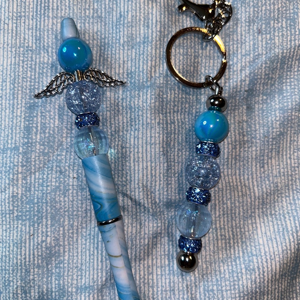 Hand beaded, angel, pens, and keychain sets
